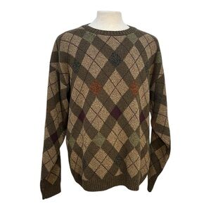Croft & Barrow Men's Large Sweater Crew Neck Brown Tan Argyle Academia Preppy